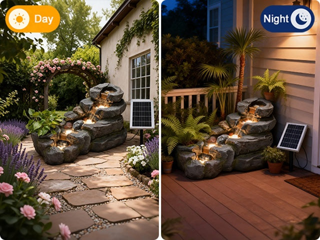 38.2-inch-long Solar Fountain Outdoor Garden 5-tier Freestanding Rock Waterfall Fountain Features LED Lighting And Planting Basin Ideal for Patios, Porches, Backyards, And Home Decor.
