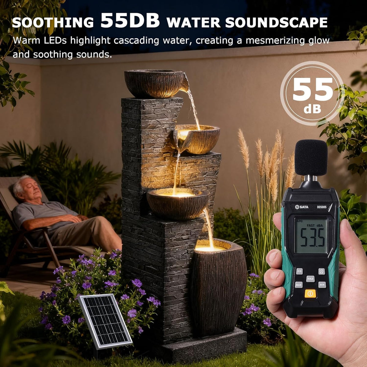 38.2" Tall Solar Water Fountain Outdoor Garden, 4 Tiers Modern Cascading Bowls And Stacked Stones Solar Powered Fountains with LED Lights for Garden, Patio, Deck, Porch, Backyard, Lawns