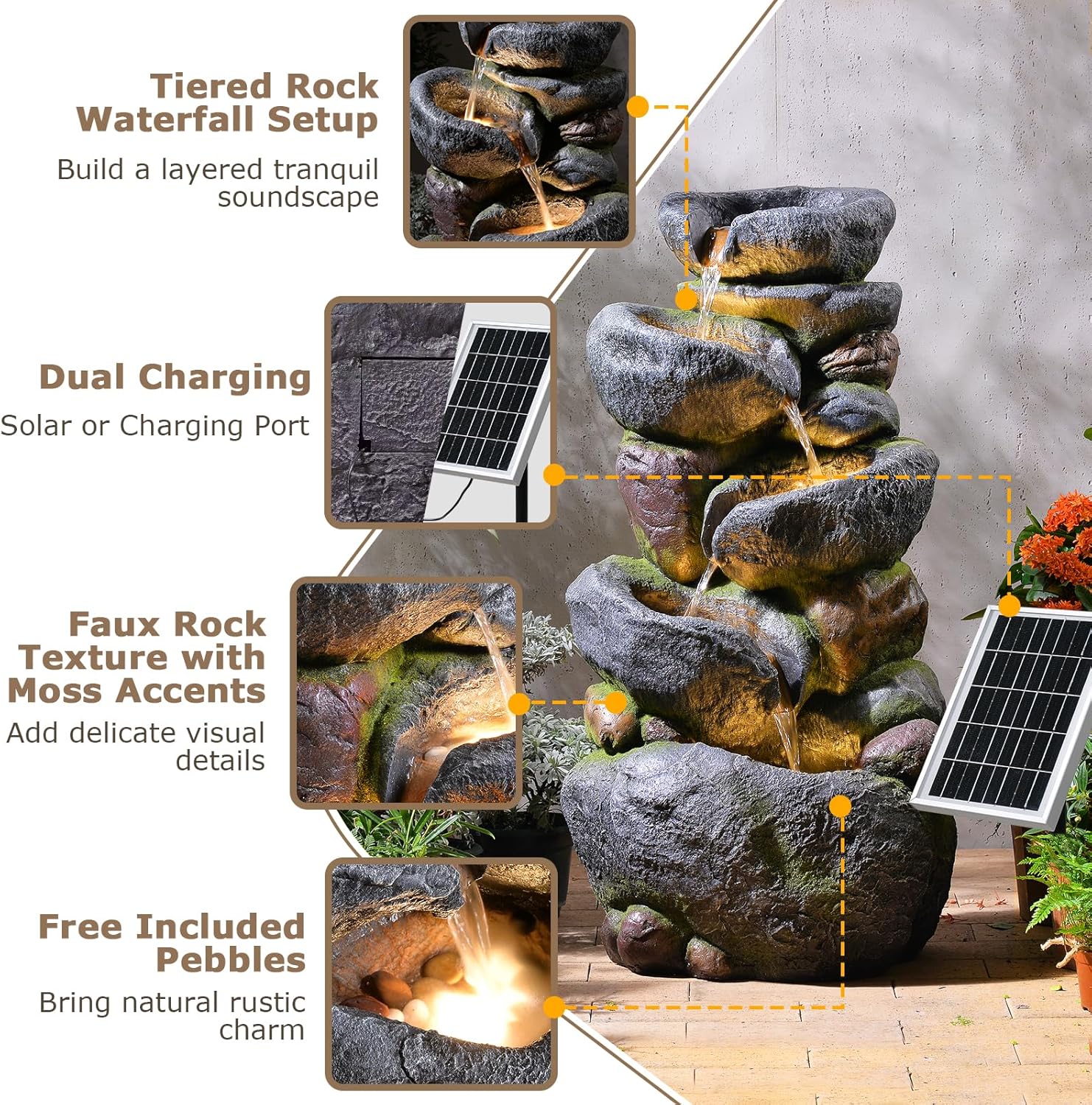 5-Tier Rock Solar Fountain Outdoor Garden Decor 36.2-Inch Tall Natural Cascading Solar Fountain with LED Lights And IP68 Pump Water Feature Ideal for Garden, Patio, Deck, And Backyard Decoration