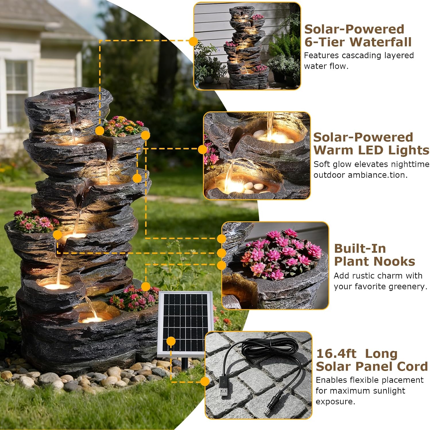 6-Tier Solar Outdoor Water Fountain, 32.7" H Rock Cascading Waterfall with IP68 Pump And LED Lights, Outdoor Water Feature for Garden, Porch, Deck & Backyard Landscaping.