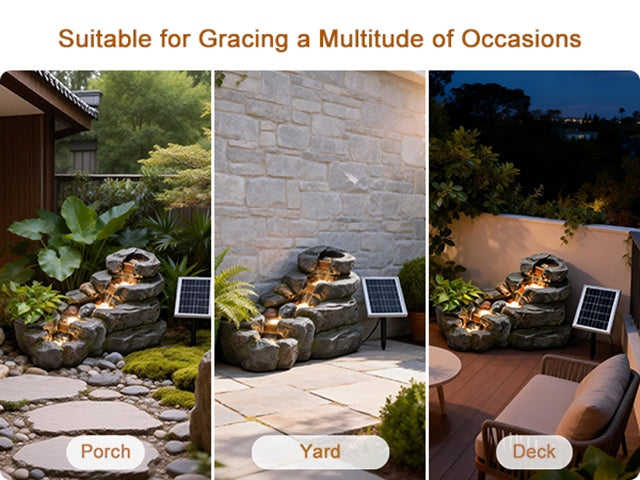38.2-inch-long Solar Fountain Outdoor Garden 5-tier Freestanding Rock Waterfall Fountain Features LED Lighting And Planting Basin Ideal for Patios, Porches, Backyards, And Home Decor.