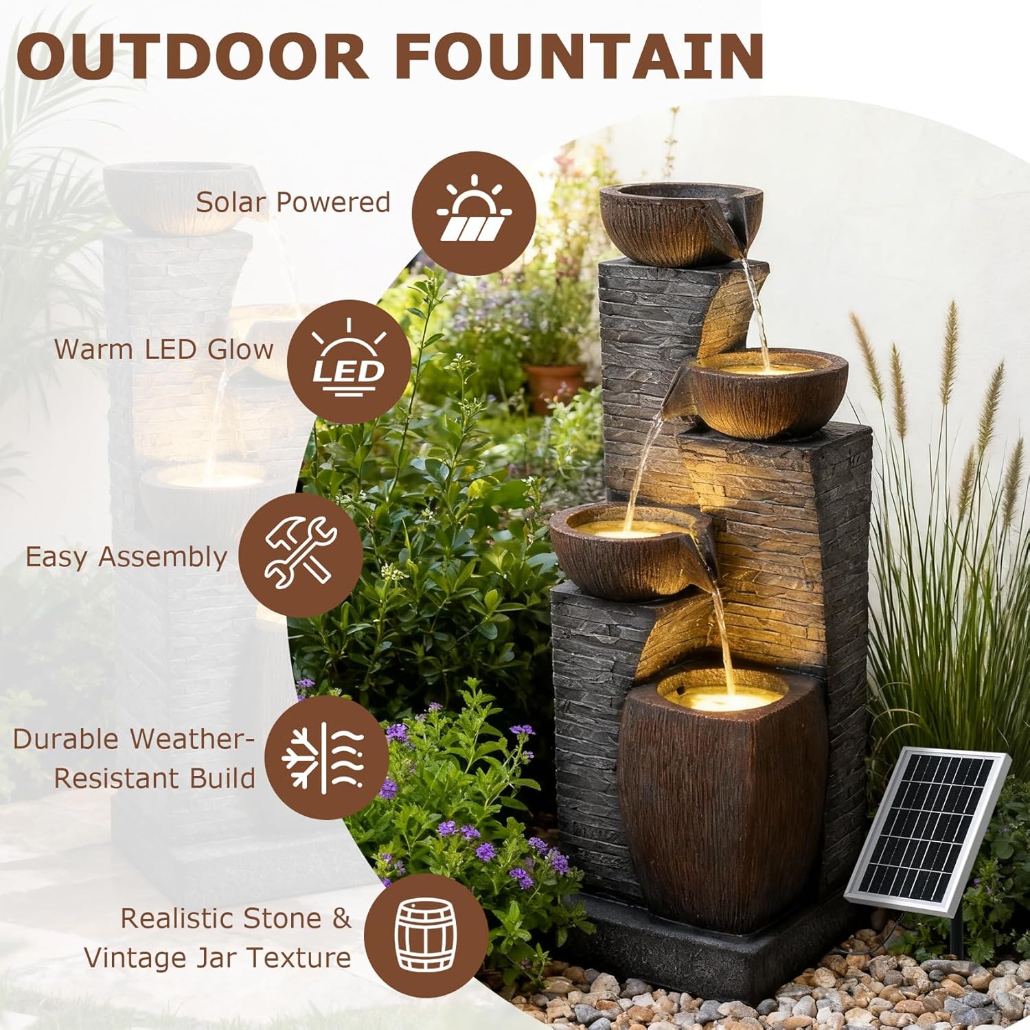 38.2" Tall Solar Water Fountain Outdoor Garden, 4 Tiers Modern Cascading Bowls And Stacked Stones Solar Powered Fountains with LED Lights for Garden, Patio, Deck, Porch, Backyard, Lawns