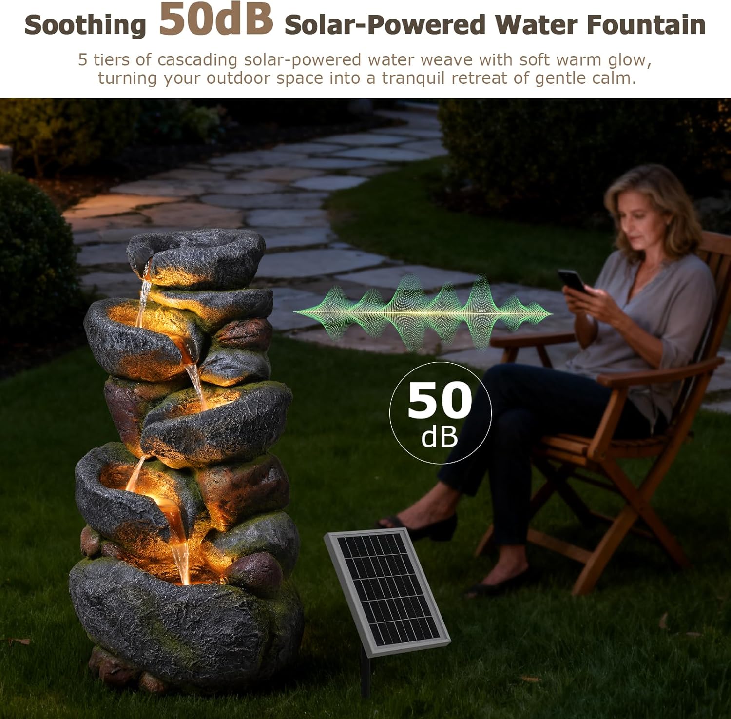 5-Tier Rock Solar Fountain Outdoor Garden Decor 36.2-Inch Tall Natural Cascading Solar Fountain with LED Lights And IP68 Pump Water Feature Ideal for Garden, Patio, Deck, And Backyard Decoration