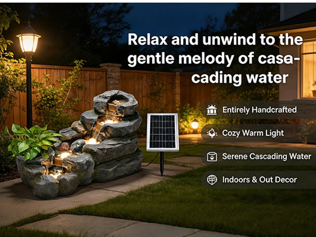 38.2-inch-long Solar Fountain Outdoor Garden 5-tier Freestanding Rock Waterfall Fountain Features LED Lighting And Planting Basin Ideal for Patios, Porches, Backyards, And Home Decor.