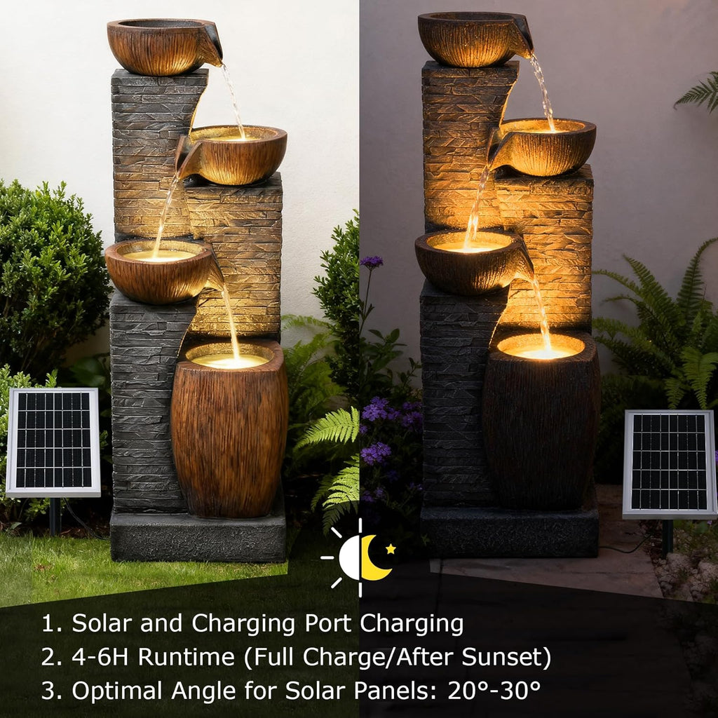 38.2" Tall Solar Water Fountain Outdoor Garden, 4 Tiers Modern Cascading Bowls And Stacked Stones Solar Powered Fountains with LED Lights for Garden, Patio, Deck, Porch, Backyard, Lawns