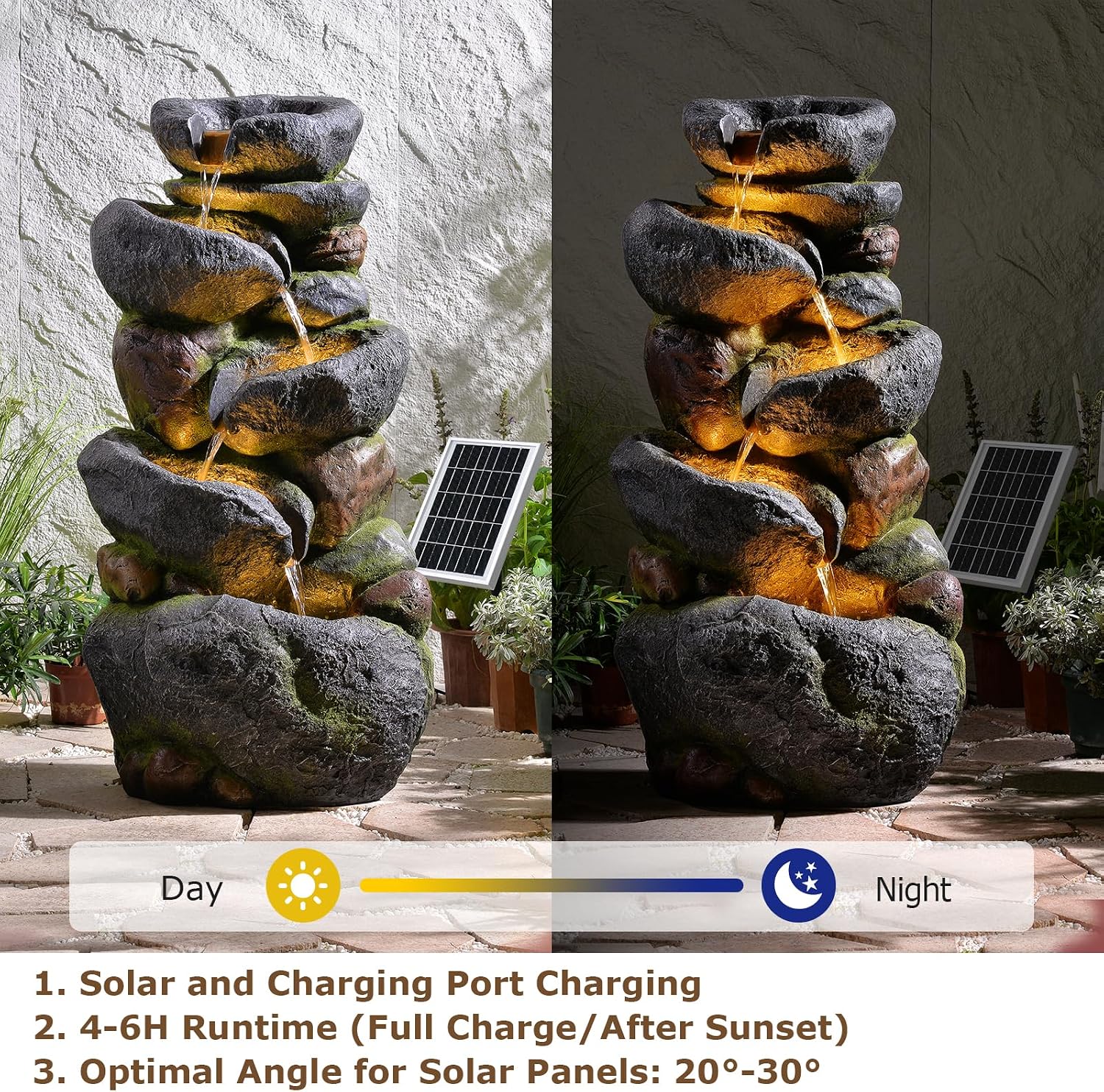 5-Tier Rock Solar Fountain Outdoor Garden Decor 36.2-Inch Tall Natural Cascading Solar Fountain with LED Lights And IP68 Pump Water Feature Ideal for Garden, Patio, Deck, And Backyard Decoration