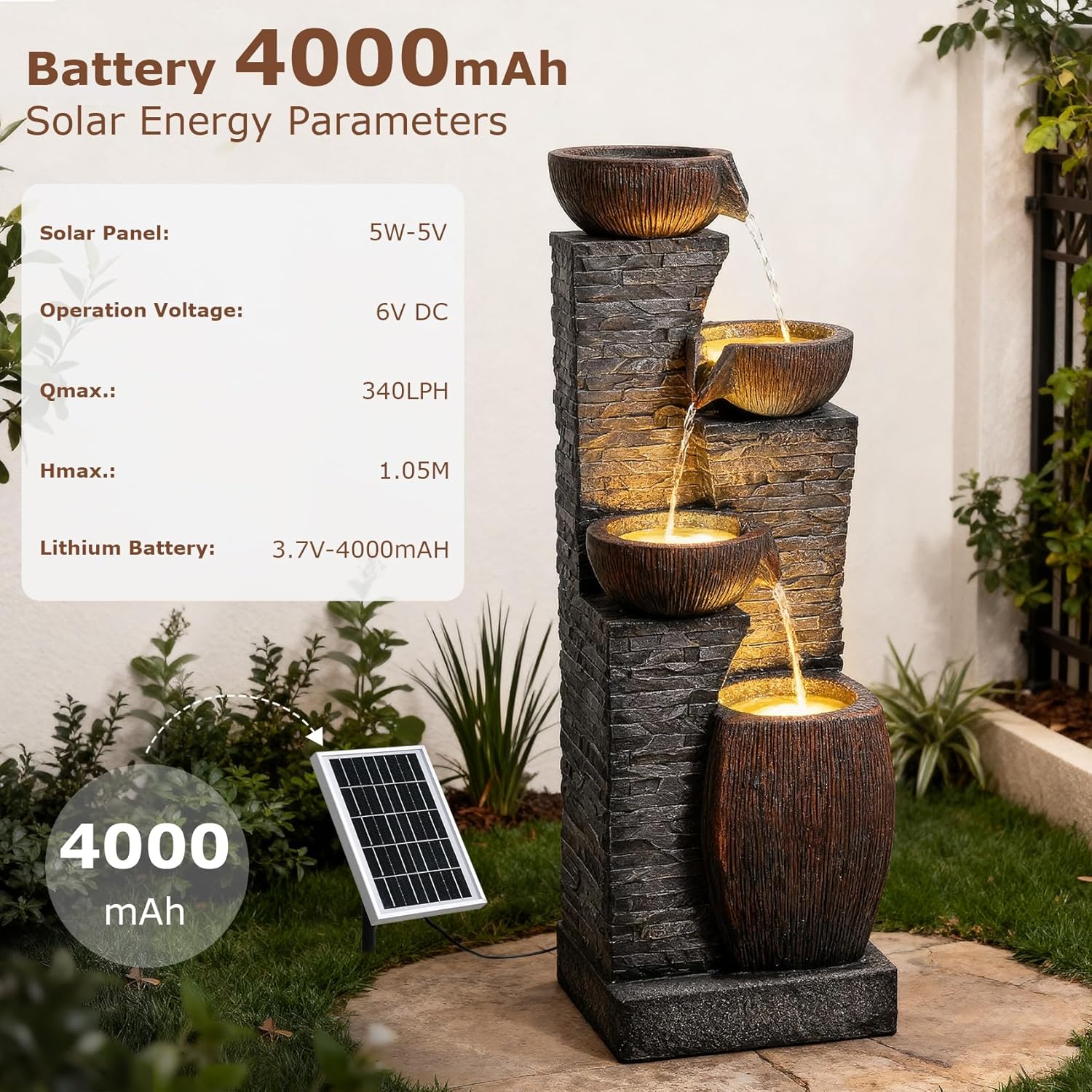 38.2" Tall Solar Water Fountain Outdoor Garden, 4 Tiers Modern Cascading Bowls And Stacked Stones Solar Powered Fountains with LED Lights for Garden, Patio, Deck, Porch, Backyard, Lawns