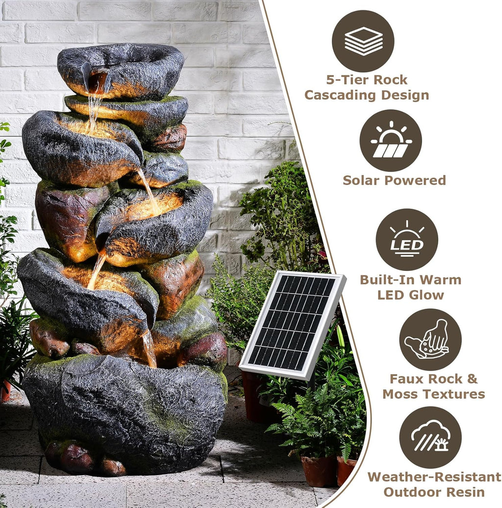5-Tier Rock Solar Fountain Outdoor Garden Decor 36.2-Inch Tall Natural Cascading Solar Fountain with LED Lights And IP68 Pump Water Feature Ideal for Garden, Patio, Deck, And Backyard Decoration