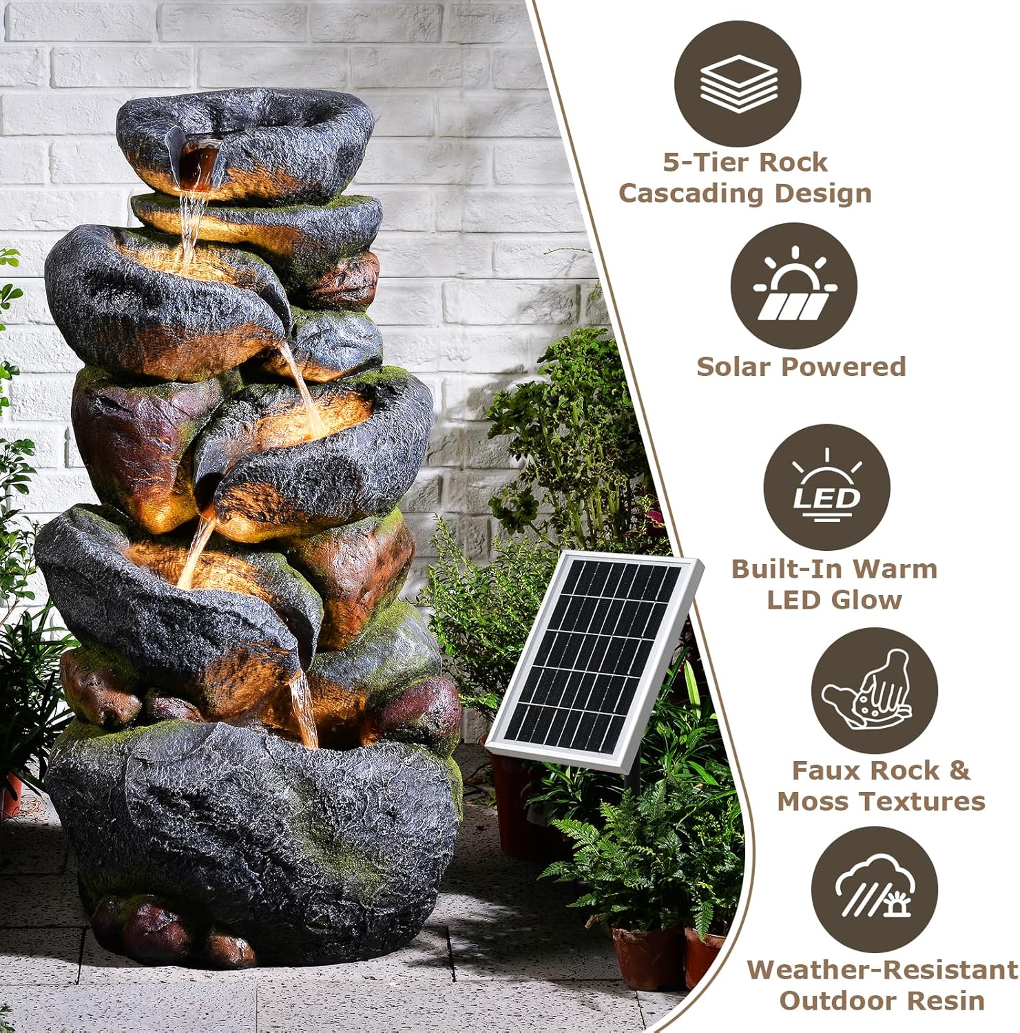 5-Tier Rock Solar Fountain Outdoor Garden Decor 36.2-Inch Tall Natural Cascading Solar Fountain with LED Lights And IP68 Pump Water Feature Ideal for Garden, Patio, Deck, And Backyard Decoration