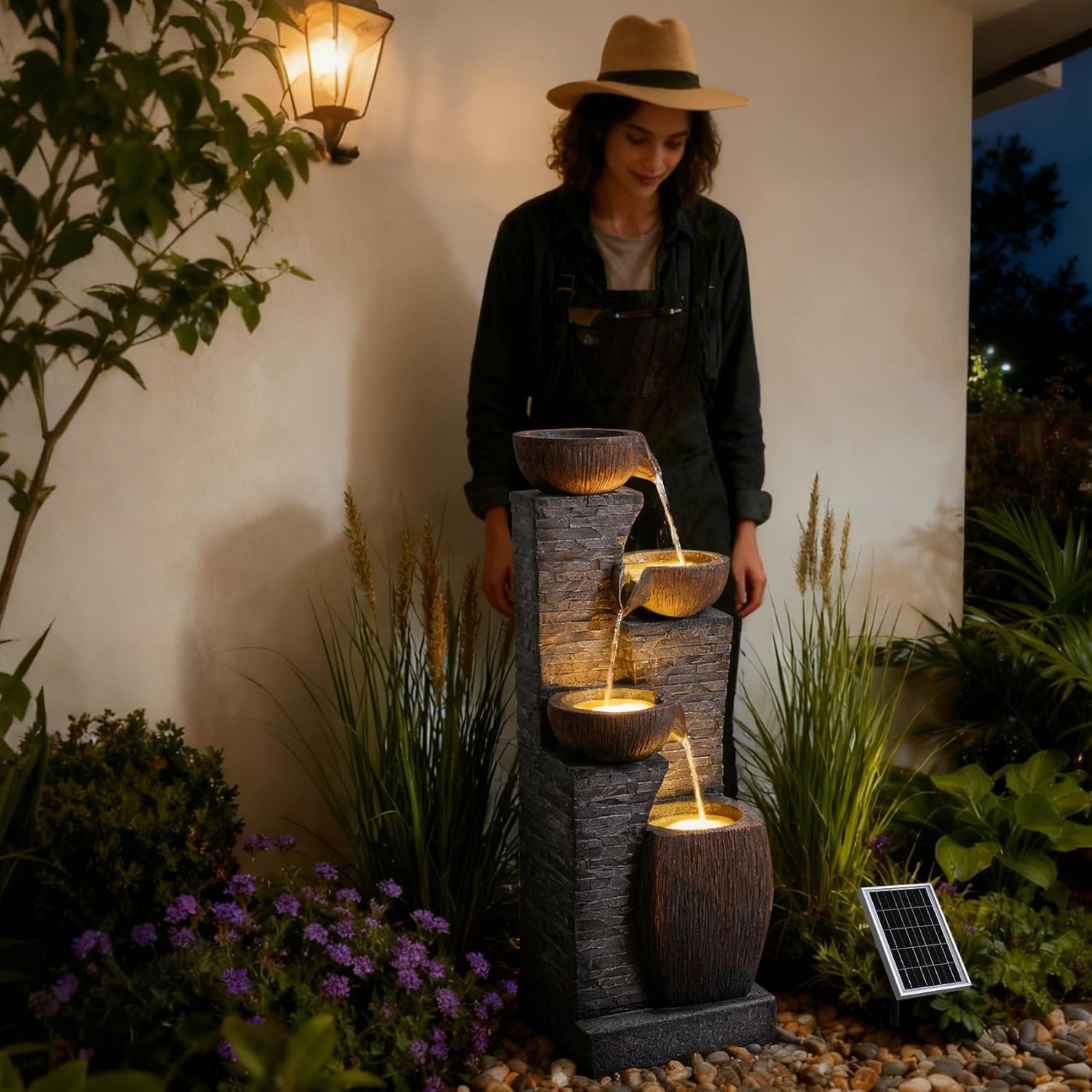 38.2" Tall Solar Water Fountain Outdoor Garden, 4 Tiers Modern Cascading Bowls And Stacked Stones Solar Powered Fountains with LED Lights for Garden, Patio, Deck, Porch, Backyard, Lawns
