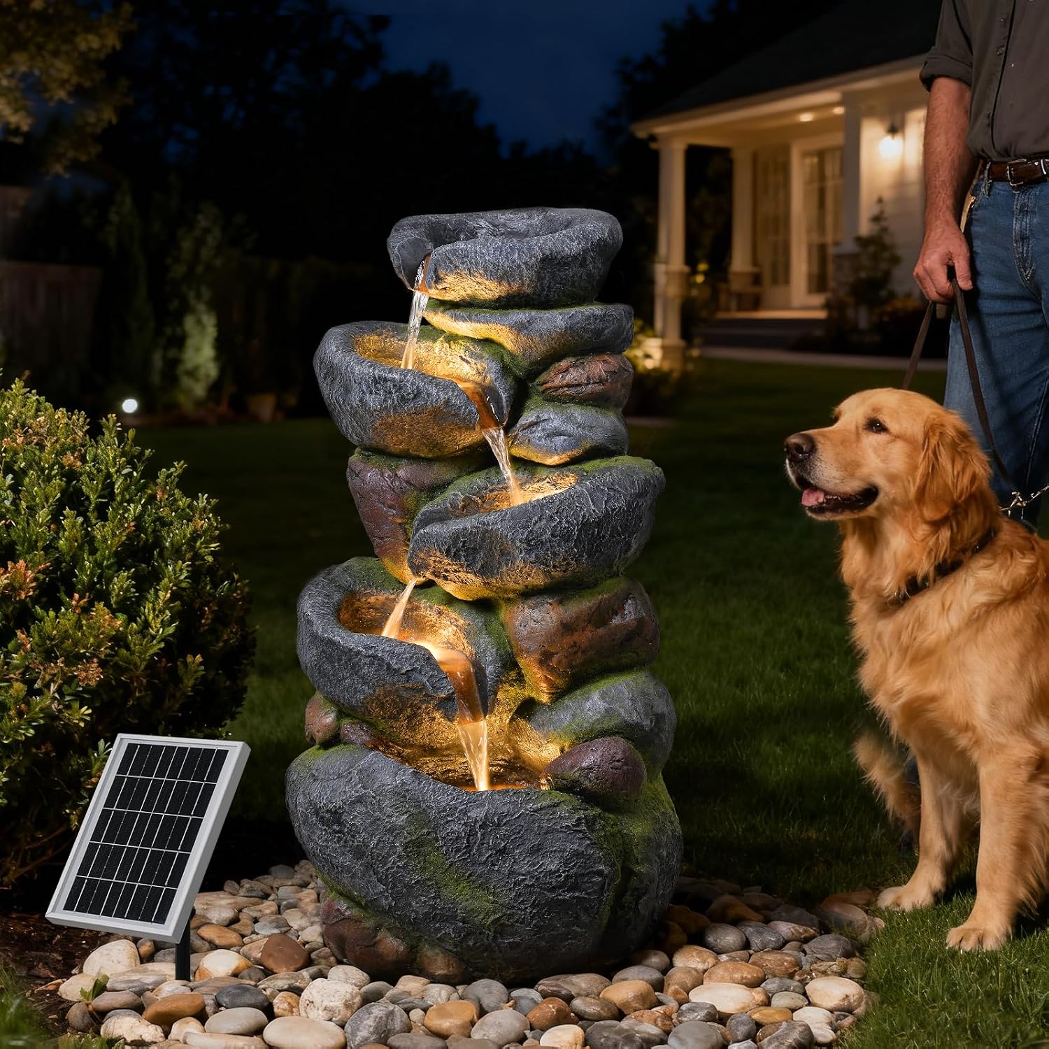 5-Tier Rock Solar Fountain Outdoor Garden Decor 36.2-Inch Tall Natural Cascading Solar Fountain with LED Lights And IP68 Pump Water Feature Ideal for Garden, Patio, Deck, And Backyard Decoration