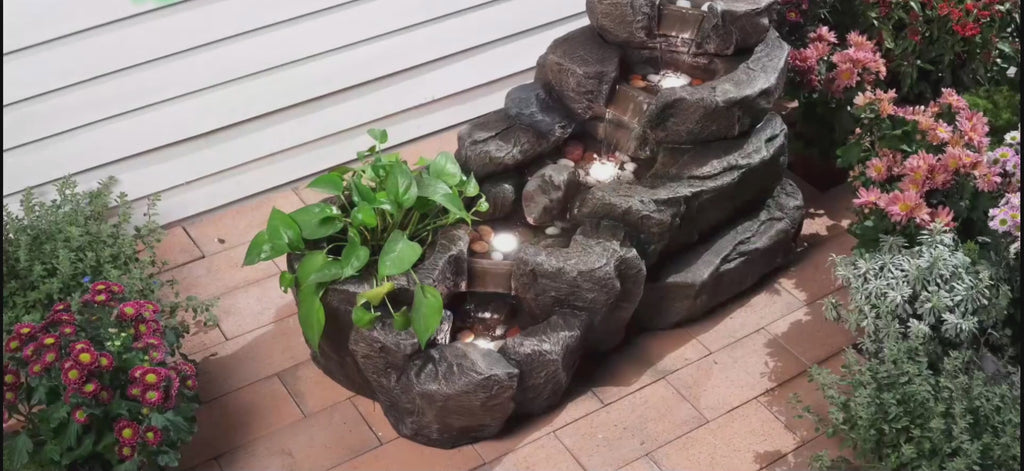 38.2-inch-long Solar Fountain Outdoor Garden 5-tier Freestanding Rock Waterfall Fountain Features LED Lighting And Planting Basin Ideal for Patios, Porches, Backyards, And Home Decor.