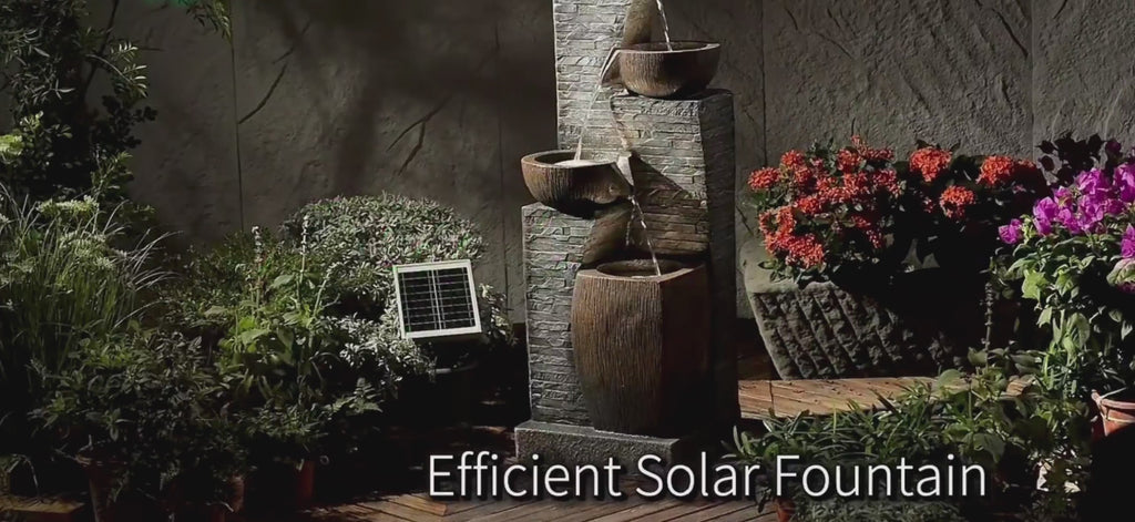 38.2" Tall Solar Water Fountain Outdoor Garden, 4 Tiers Modern Cascading Bowls And Stacked Stones Solar Powered Fountains with LED Lights for Garden, Patio, Deck, Porch, Backyard, Lawns