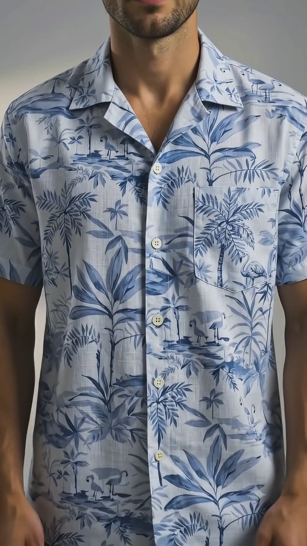 Men’s Blue Tropical Botanical Print Short Sleeve Button-Up Camp Shirt