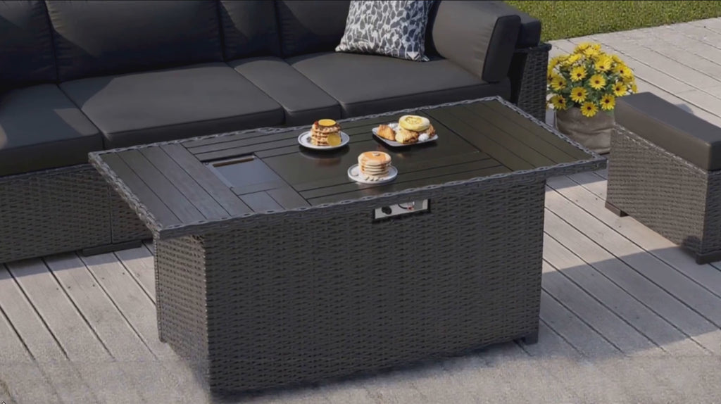 8pcs Patio Furniture Set with Fire Pit Table, Outdoor Sectional Sofa PE Rattan, Patio Conversation Sets with Cushions for Garden Lawn Balcony Porch Deck