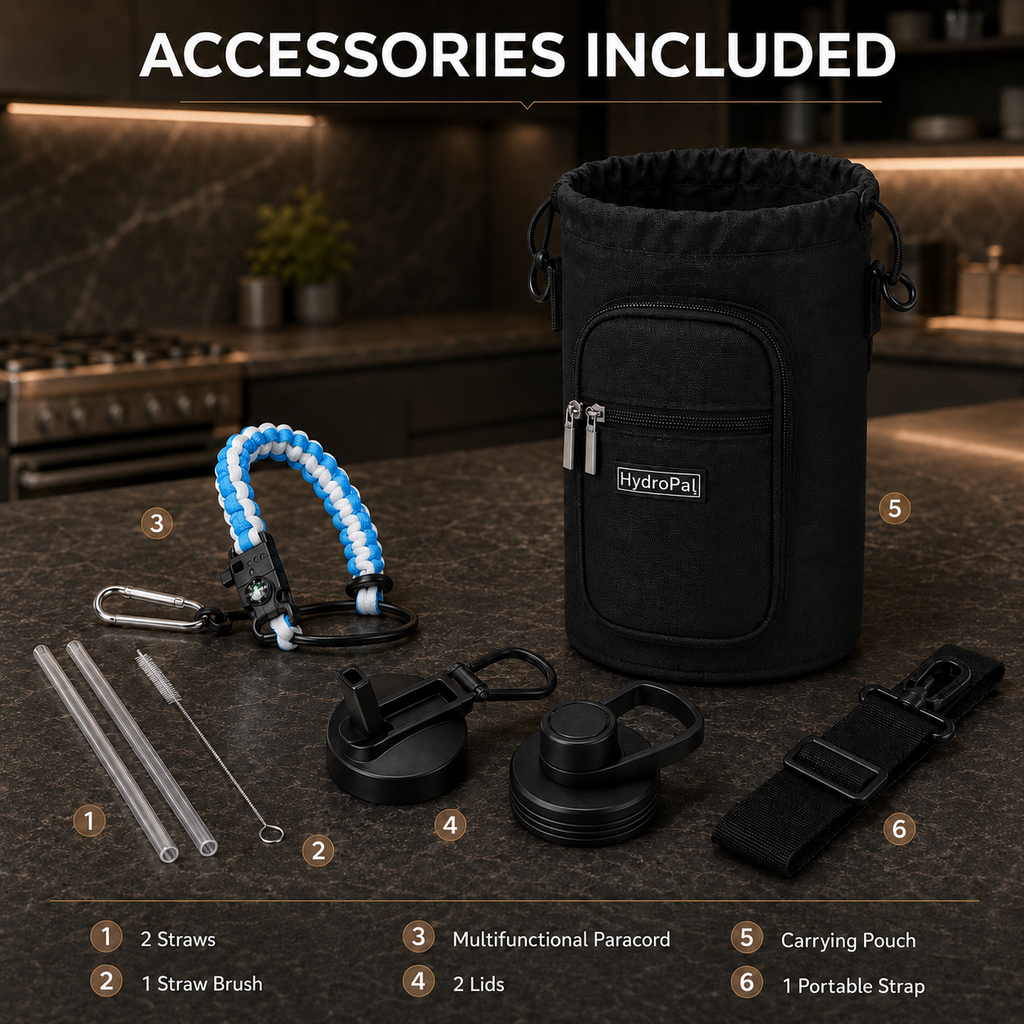 64oz (Half Gallon) Insulated Stainless Steel Water Bottle with 2 Lids with Paracord & Protective Carrier Boot
