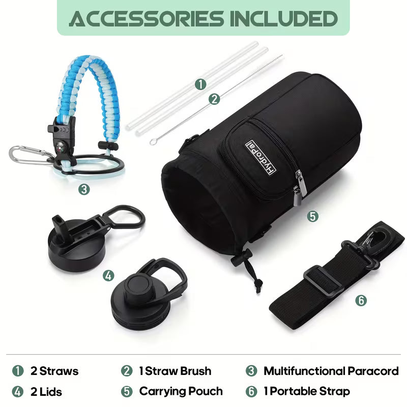 64oz (Half Gallon) Insulated Stainless Steel Water Bottle with 2 Lids with Paracord & Protective Carrier Boot