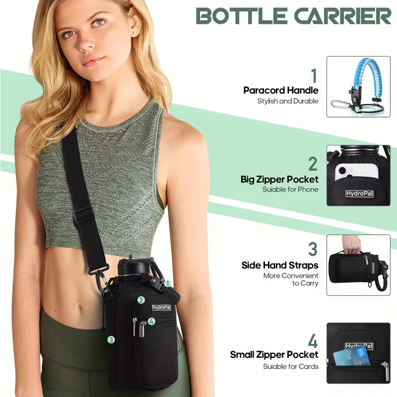 64oz (Half Gallon) Insulated Stainless Steel Water Bottle with 2 Lids with Paracord & Protective Carrier Boot