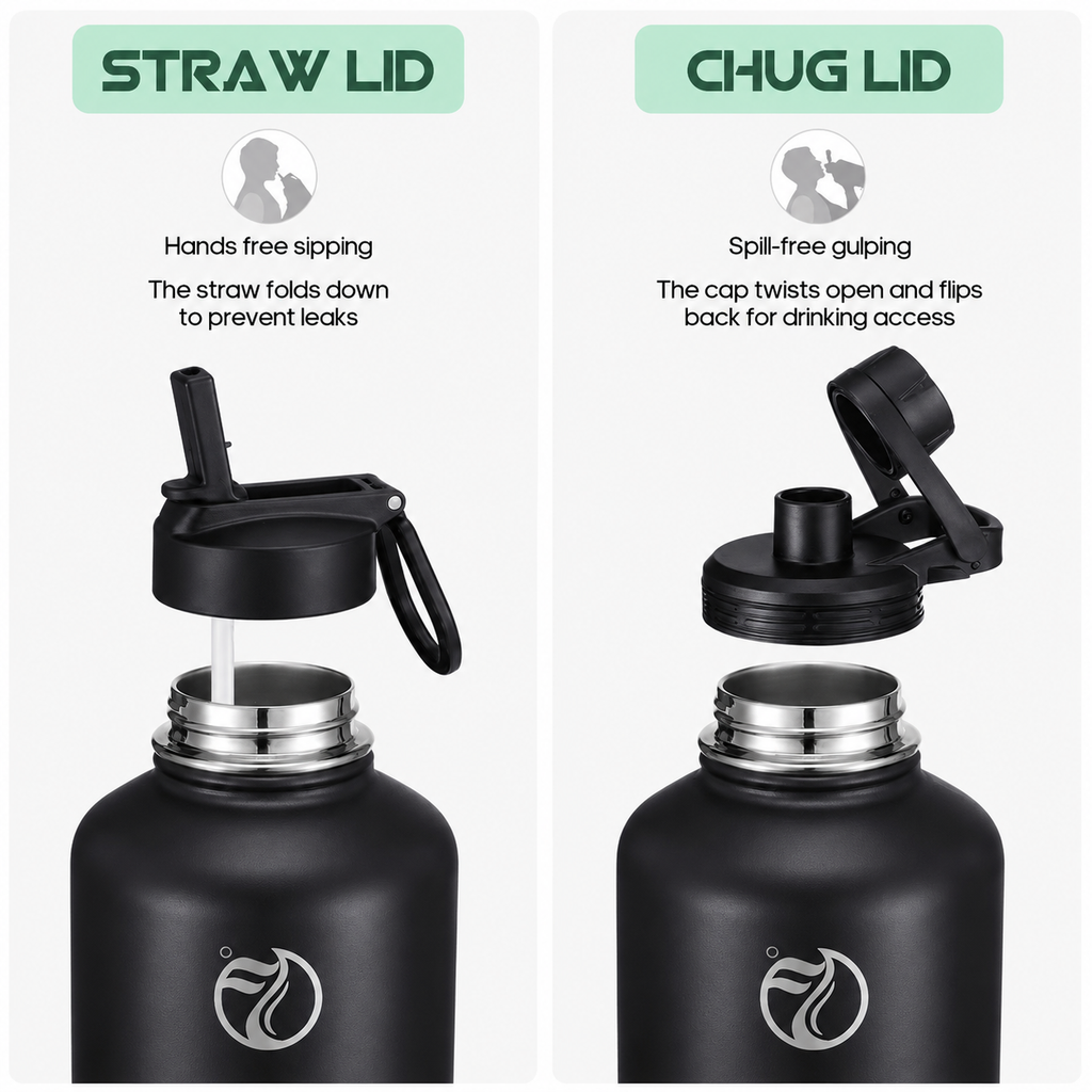 64oz (Half Gallon) Insulated Stainless Steel Water Bottle with 2 Lids with Paracord & Protective Carrier Boot