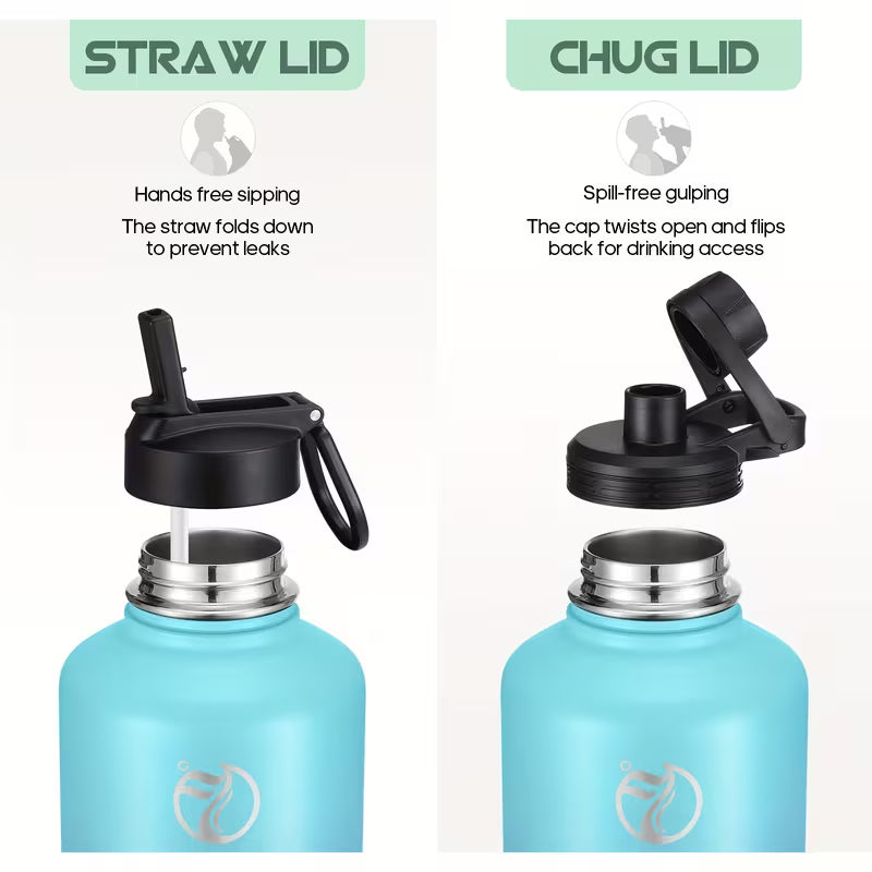 64oz (Half Gallon) Insulated Water Bottle With 2 Lids and Paracord Carrier Strap