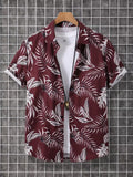 Burgundy Tropical Leaf Short Sleeve Button-Up Shirt