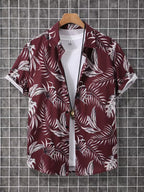 Burgundy Tropical Leaf Short Sleeve Button-Up Shirt