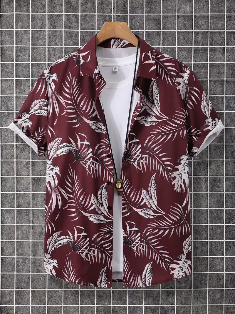 Burgundy Tropical Leaf Short Sleeve Button-Up Shirt