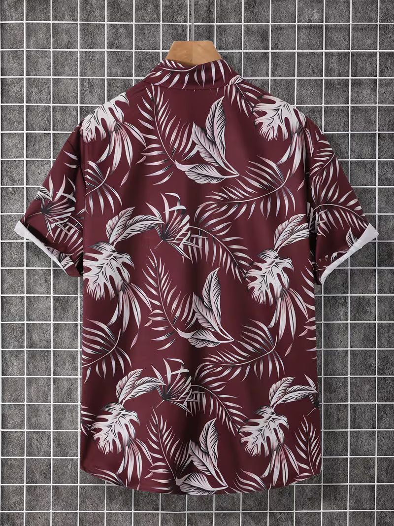Burgundy Tropical Leaf Short Sleeve Button-Up Shirt