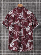 Burgundy Tropical Leaf Short Sleeve Button-Up Shirt