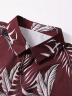Burgundy Tropical Leaf Short Sleeve Button-Up Shirt