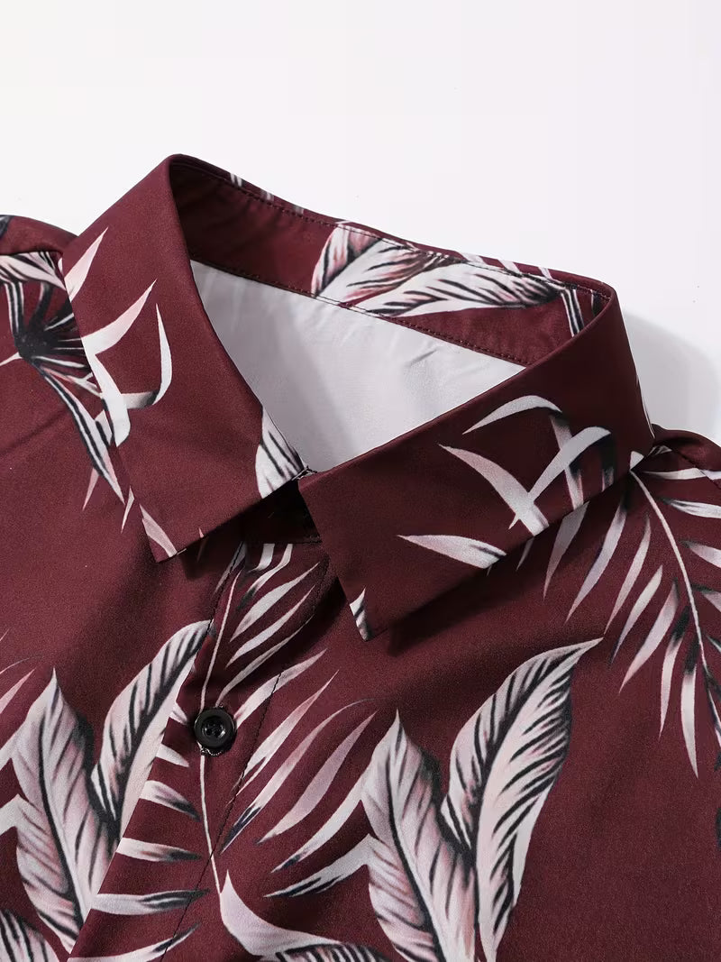 Burgundy Tropical Leaf Short Sleeve Button-Up Shirt