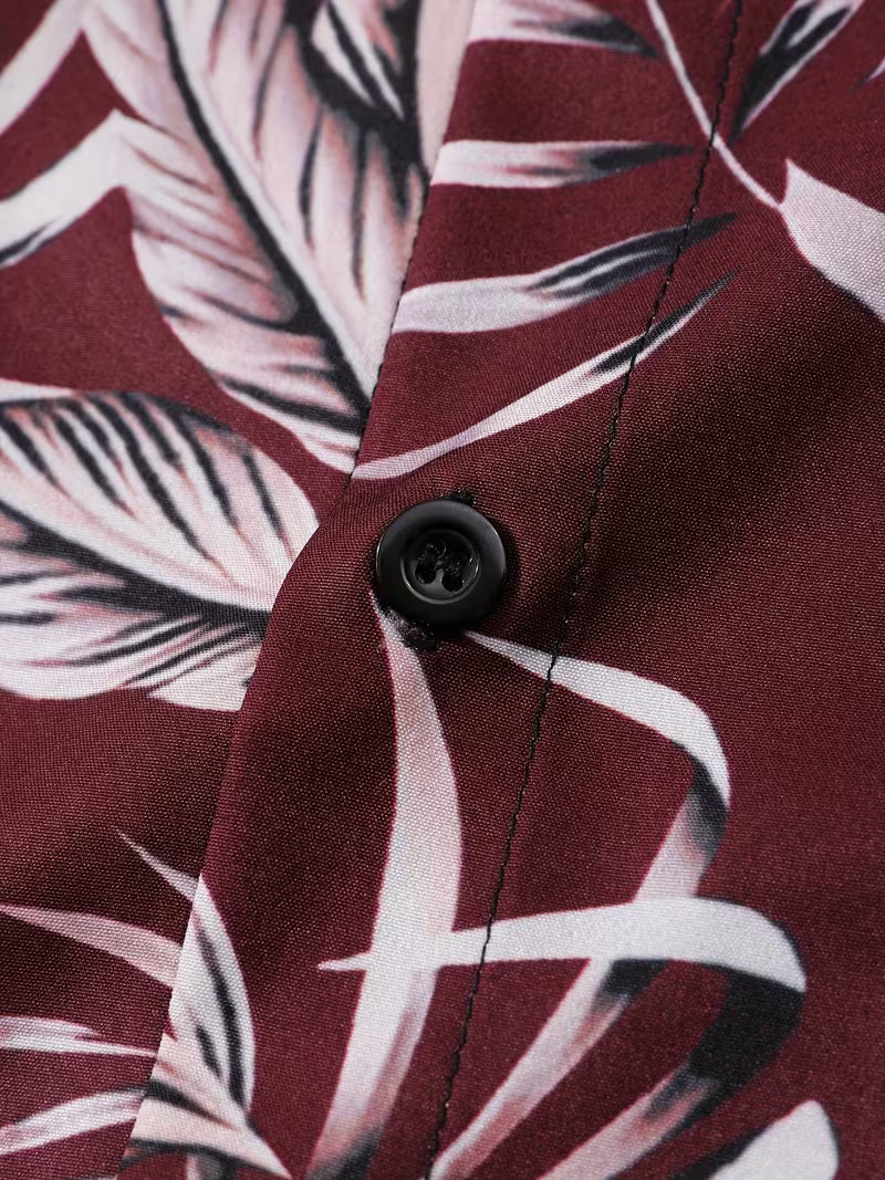 Burgundy Tropical Leaf Short Sleeve Button-Up Shirt