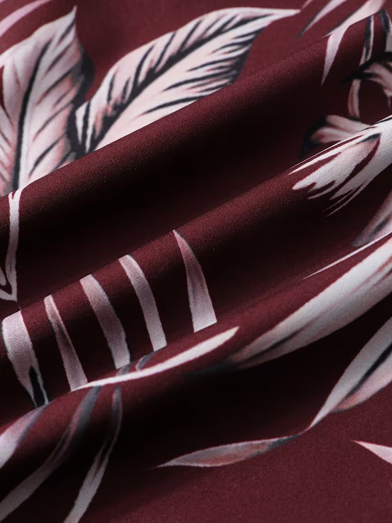 Burgundy Tropical Leaf Short Sleeve Button-Up Shirt